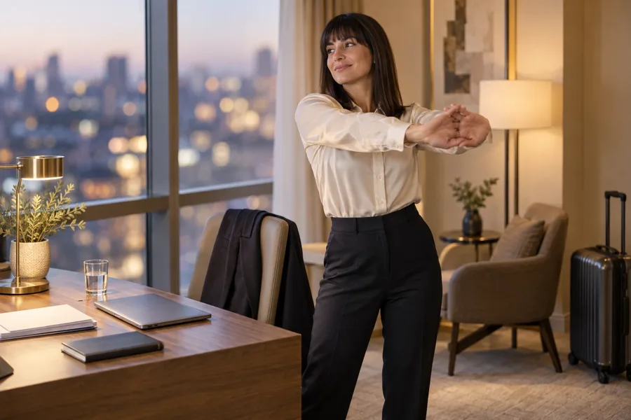 Business traveller stretching after a long day of meetings in her hotel room