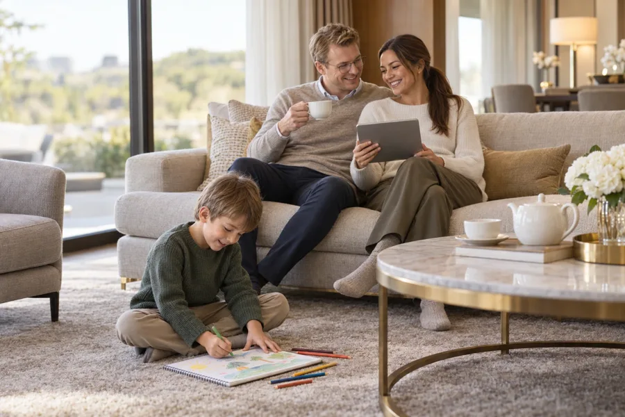 Couple and child relaxing together in a hotel suite