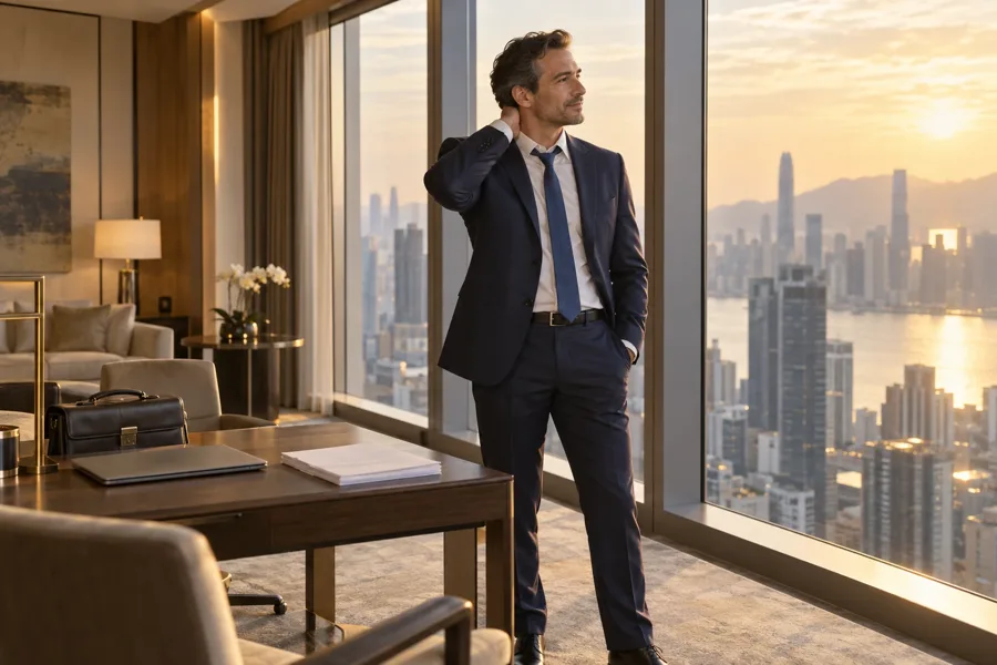 Executive unwinding in a hotel suite after a long day